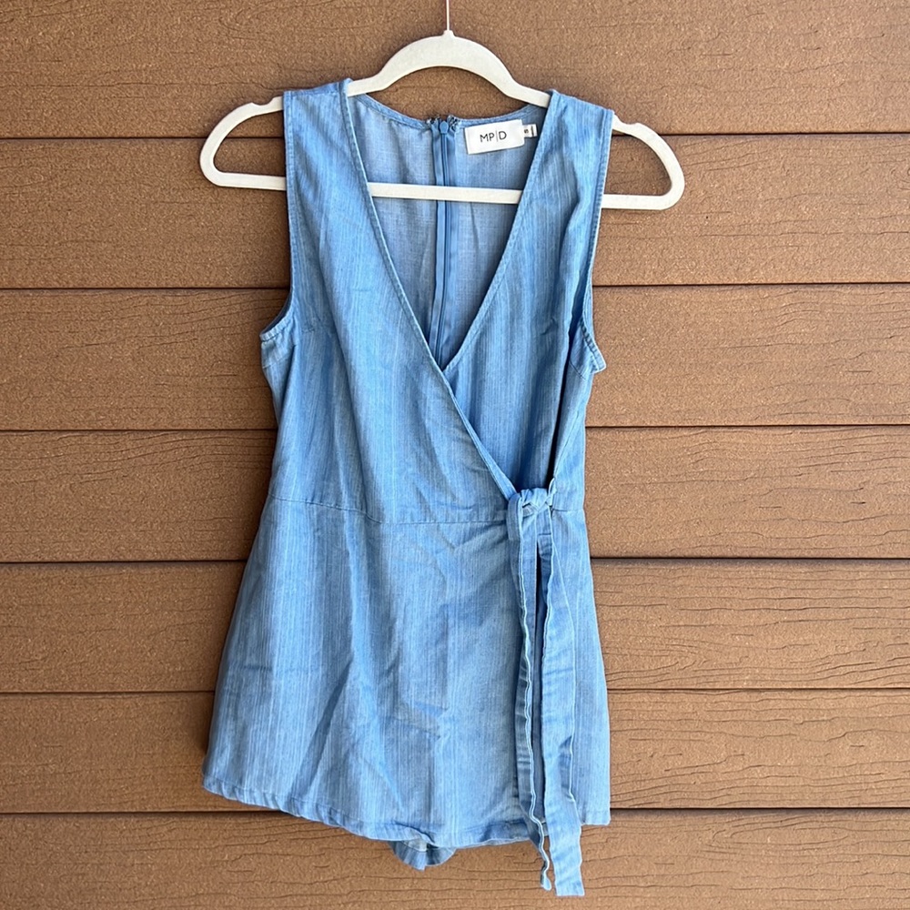 Chambray Faux Wrap Romper | S